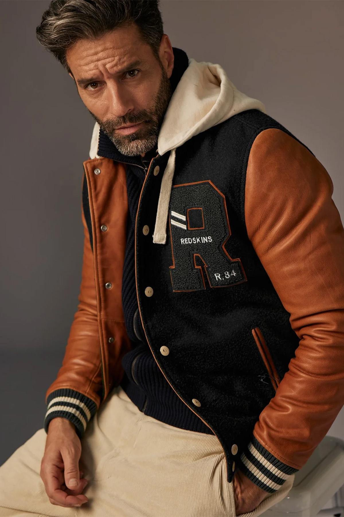 Black and cognac leather teddy with removable hood - Image n°1