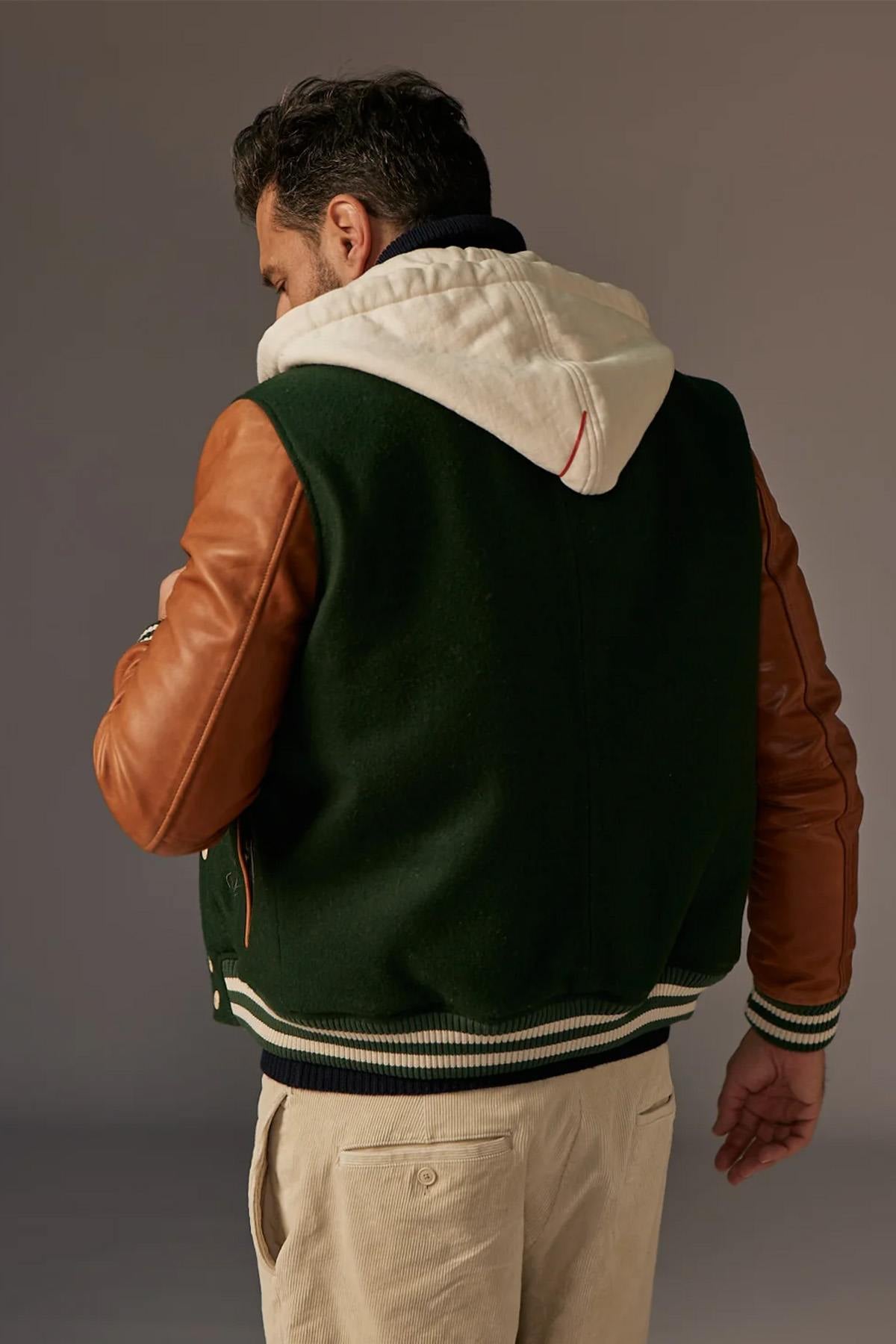Green and cognac leather teddy with removable hood - Image n°4