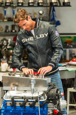 Navy blue leather jacket with Shelby logo on the back - Image n°2