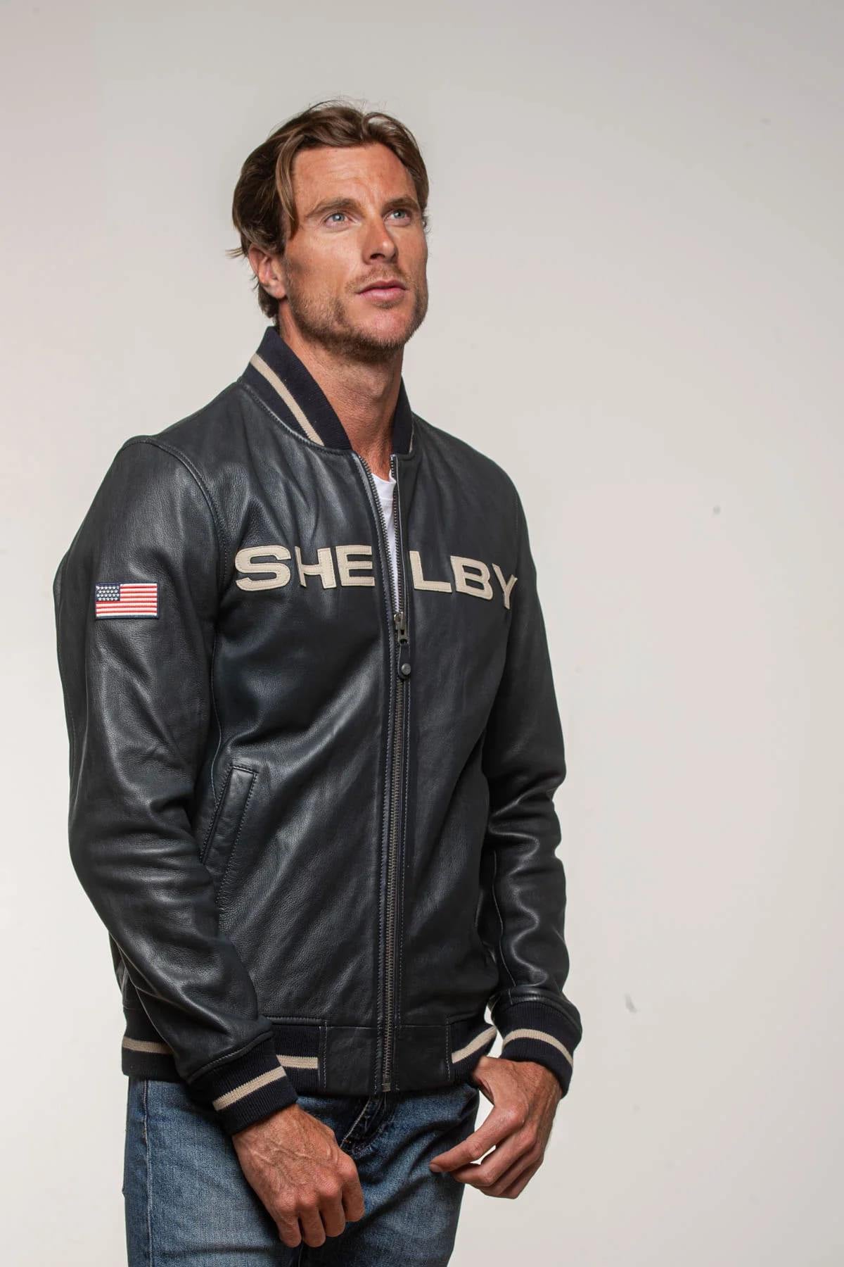 Navy blue leather jacket with Shelby logo on the back - Image n°7