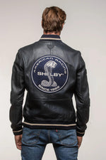 Navy blue leather jacket with Shelby logo on the back - Image n°3