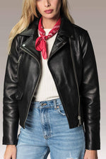 Slim lambskin jacket with asymmetric zip and striking red lining. - Image n°1
