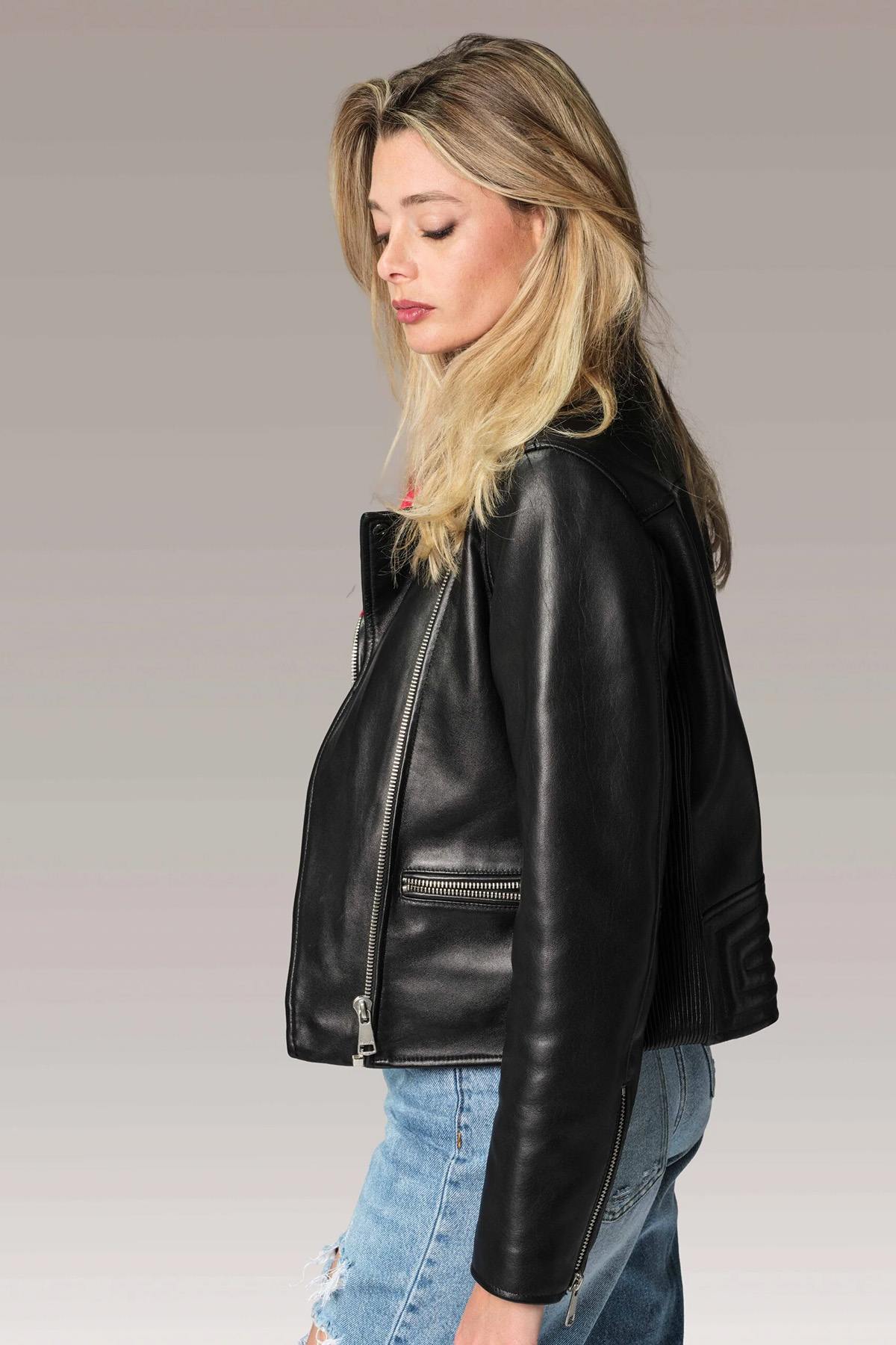 Black rock style leather jacket for women - Image n°4