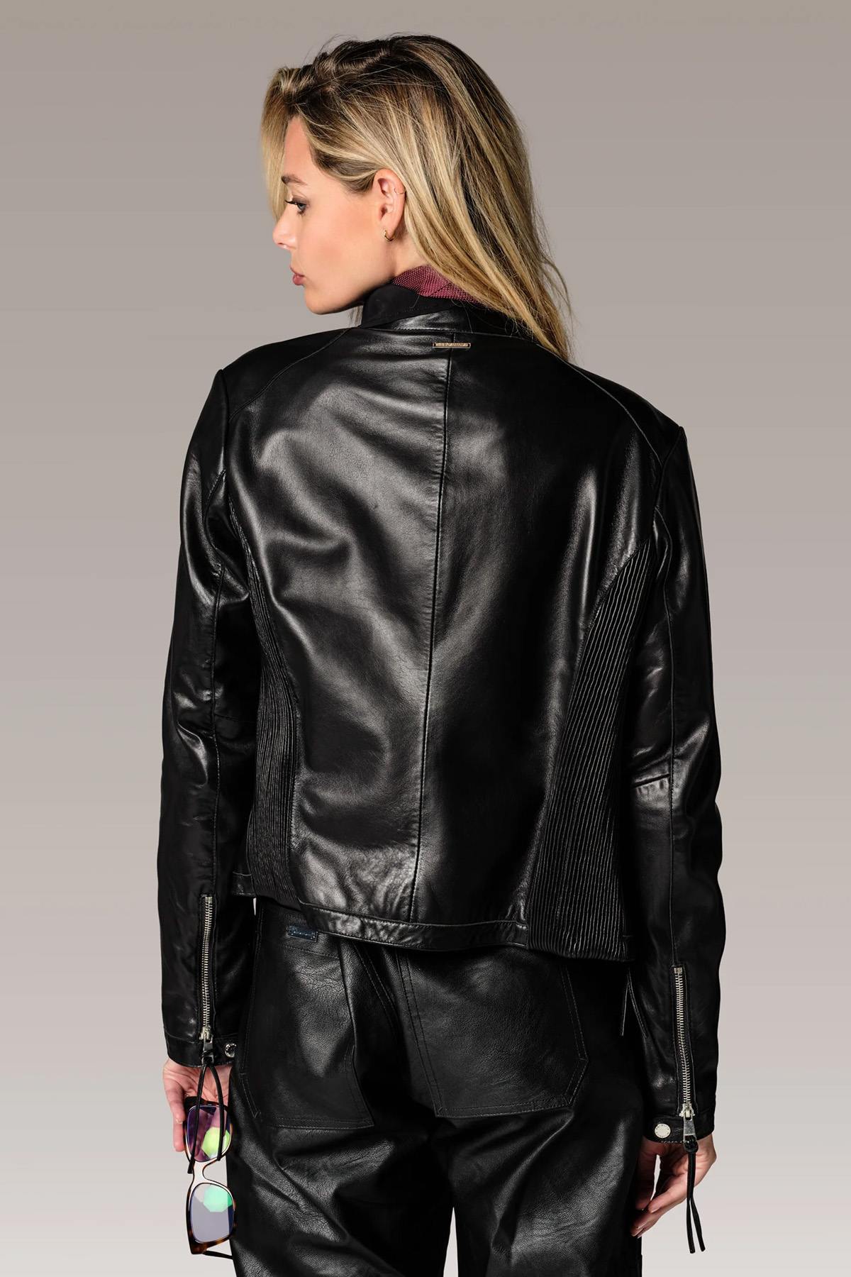 Black leather spencer jacket with textured back panels - Image n°2