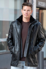 Black leather coat with stand-up collar and removable facing - Image n°1