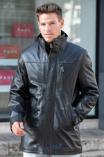 Black leather coat with stand-up collar and removable facing - Image n°7