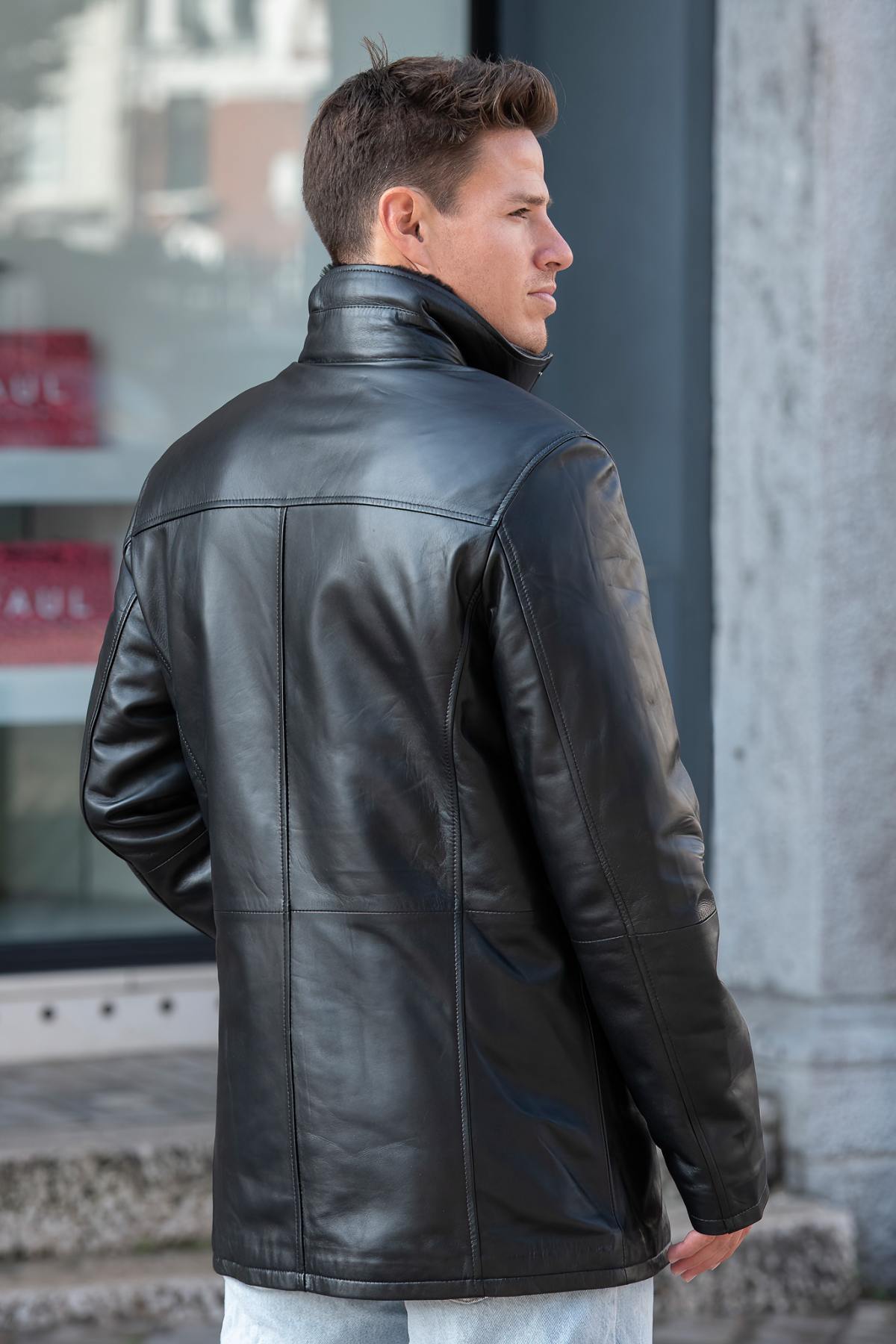 Black leather coat with stand-up collar and removable facing - Image n°2