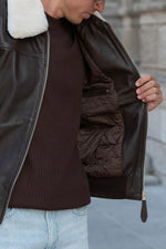 Classic Schott aviator jacket in brown cowhide with detachable collar. - Image n°6