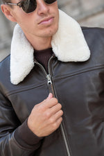 Classic Schott aviator jacket in brown cowhide with detachable collar. - Image n°2