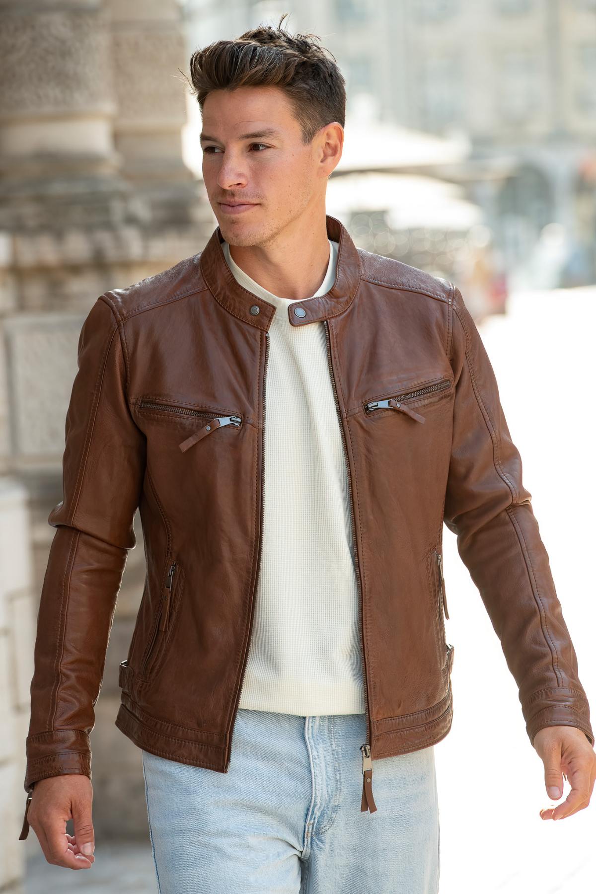 Cognac-coloured leather jacket with biker collar and skinny fit - Image n°1