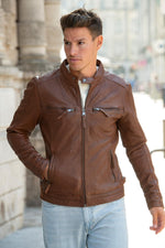 Cognac-coloured leather jacket with biker collar and skinny fit - Image n°6