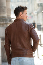 Cognac-coloured leather jacket with biker collar and skinny fit - Image n°3