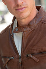 Cognac-coloured leather jacket with biker collar and skinny fit - Image n°2