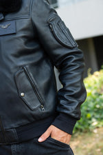Navy lambskin aviator jacket with removable shearling collar. - Image n°8