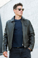 Khaki leather aviator jacket with shirt collar, Patrouille de France - Image n°2