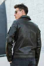 Khaki leather aviator jacket with shirt collar, Patrouille de France - Image n°4