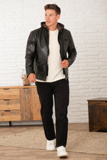 Black leather jacket with biker collar and removable cotton hood - Image n°7