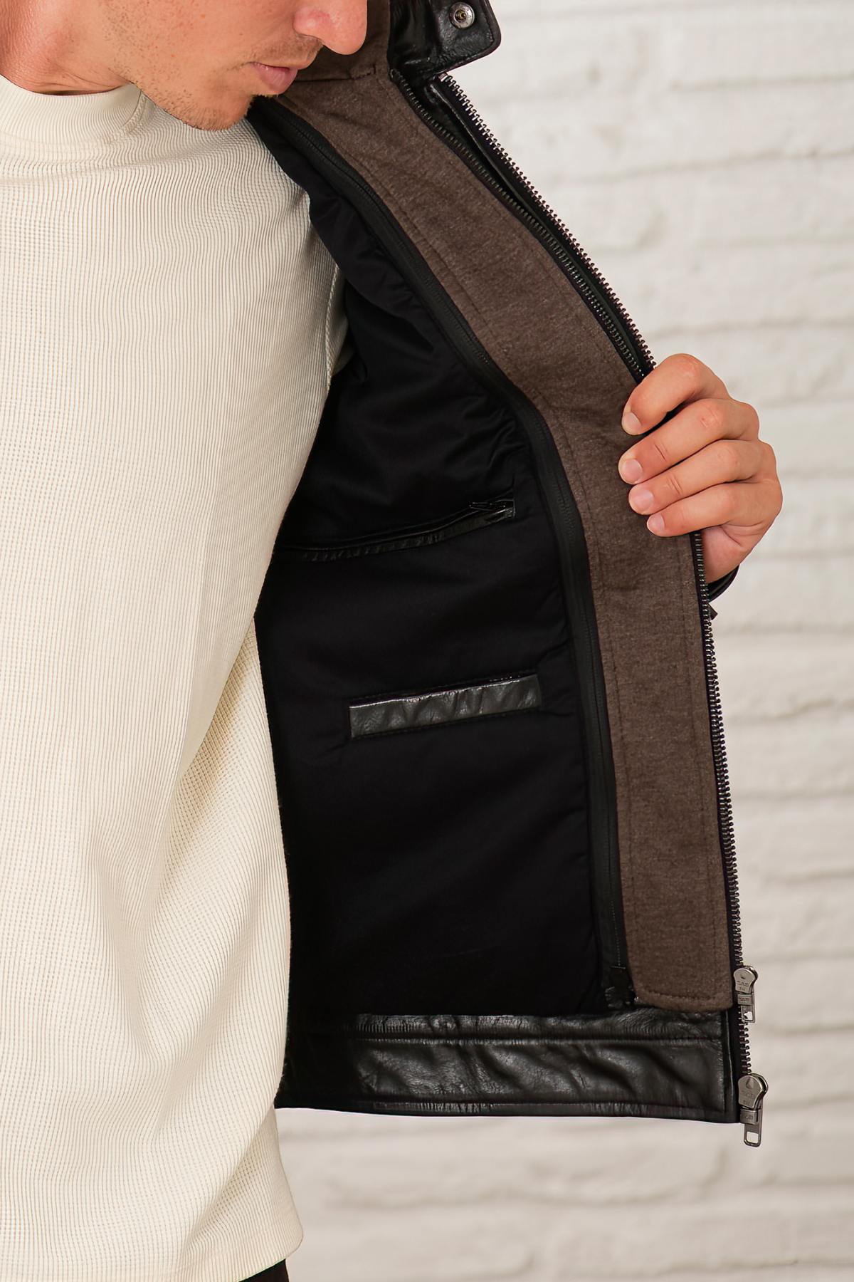 Black leather jacket with biker collar and removable cotton hood - Image n°6