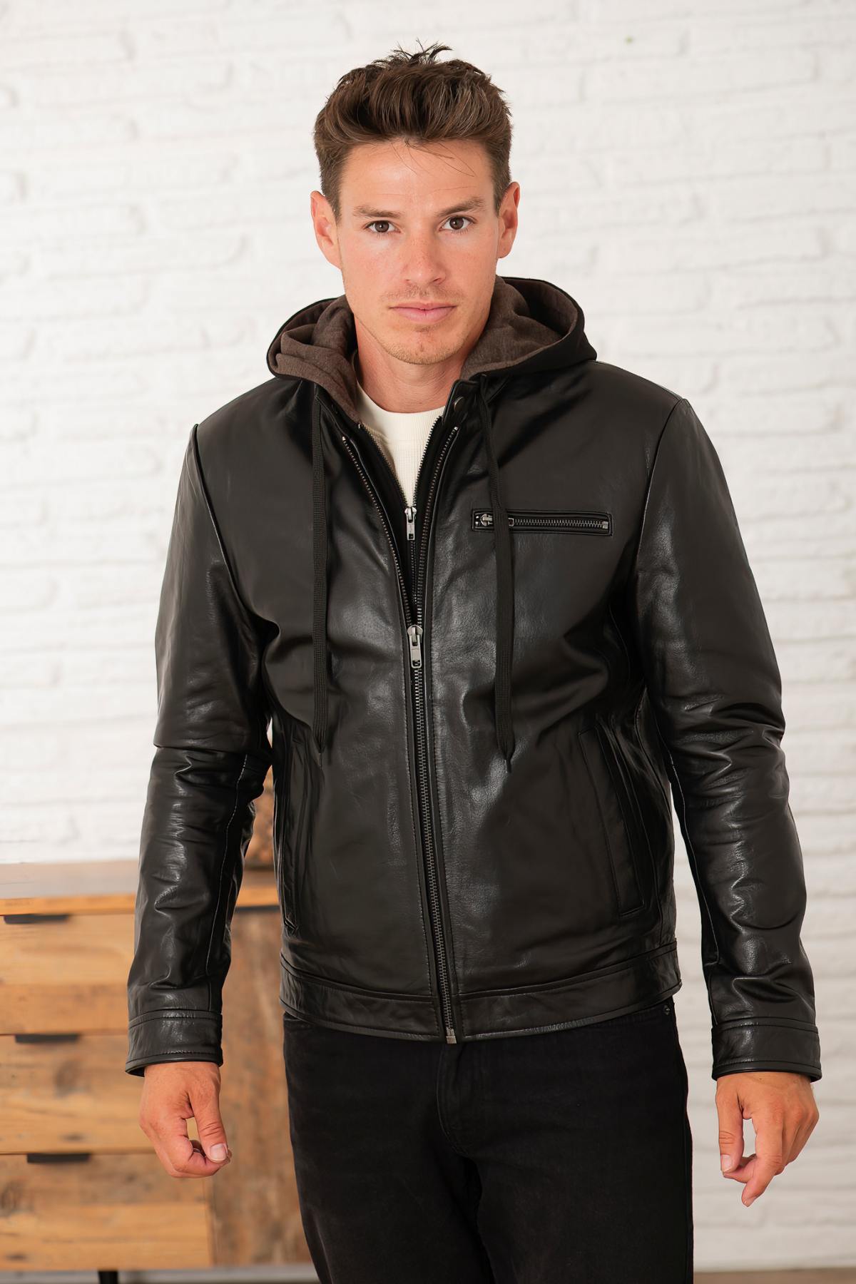 Black leather jacket with biker collar and removable cotton hood - Image n°5