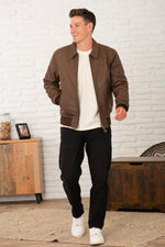 Vintage brown leather jacket with shirt collar and ribbed edges at waist and cuffs - Image n°5