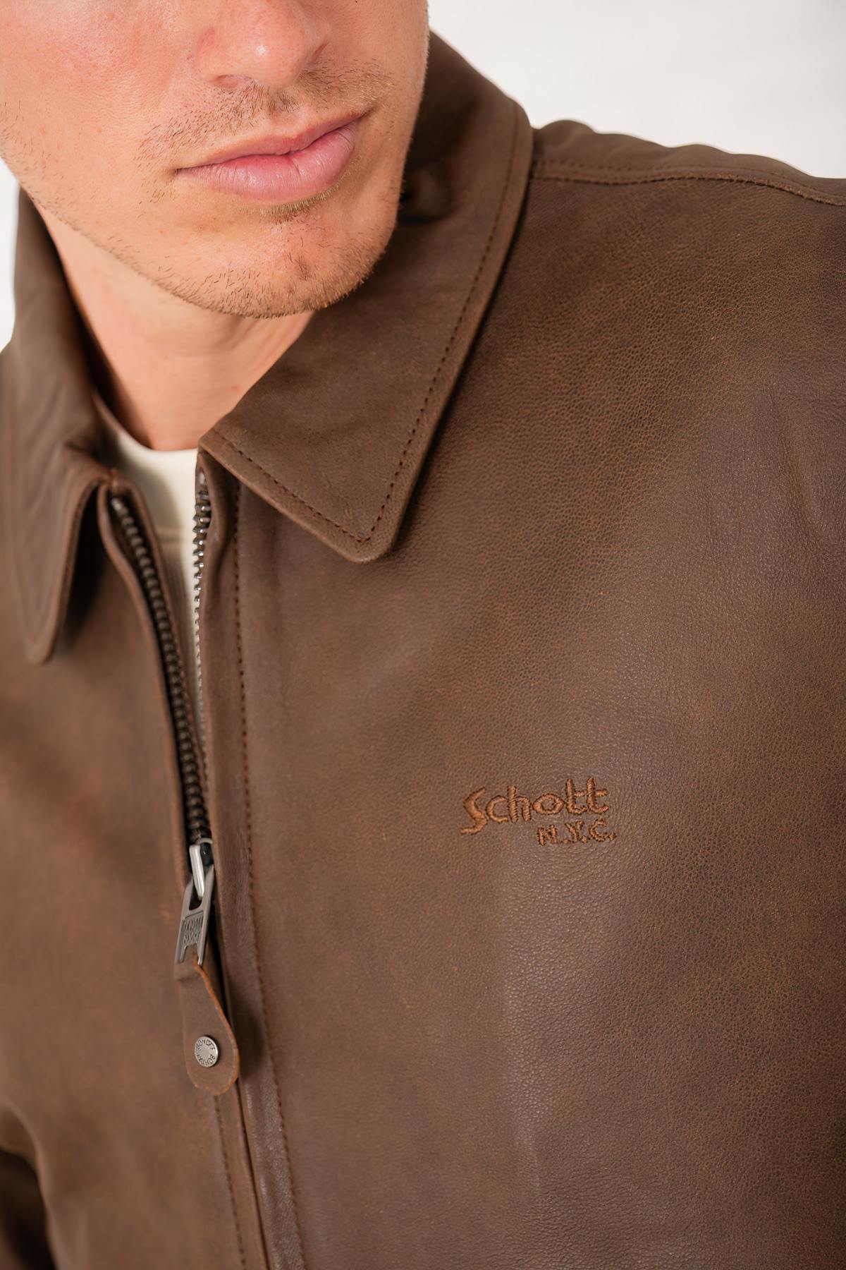 Vintage brown leather jacket with shirt collar and ribbed edges at waist and cuffs - Image n°3