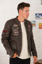 Chocolate brown racing leather jacket with patches - Image n°1
