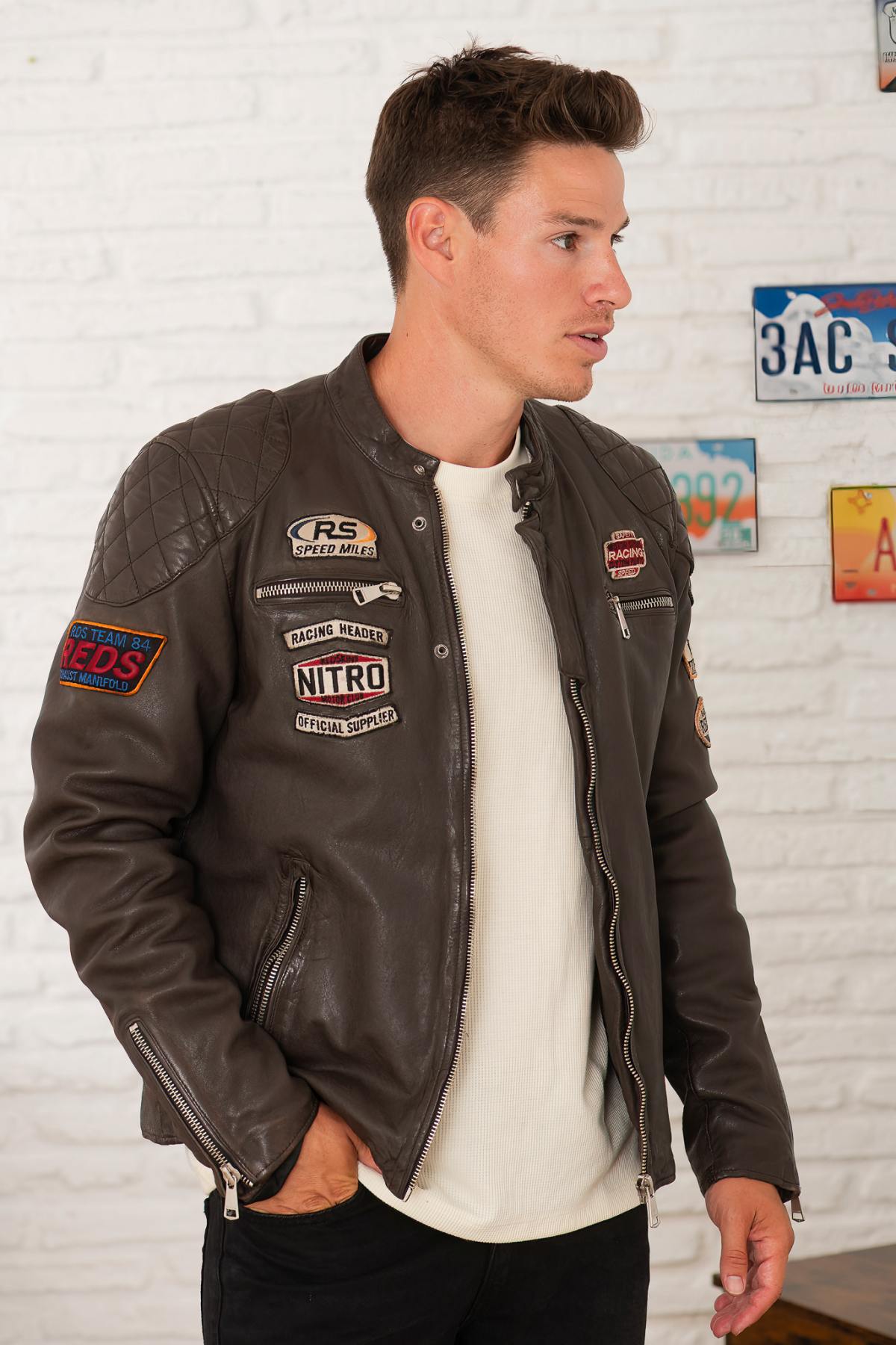 Chocolate brown racing leather jacket with patches - Image n°1