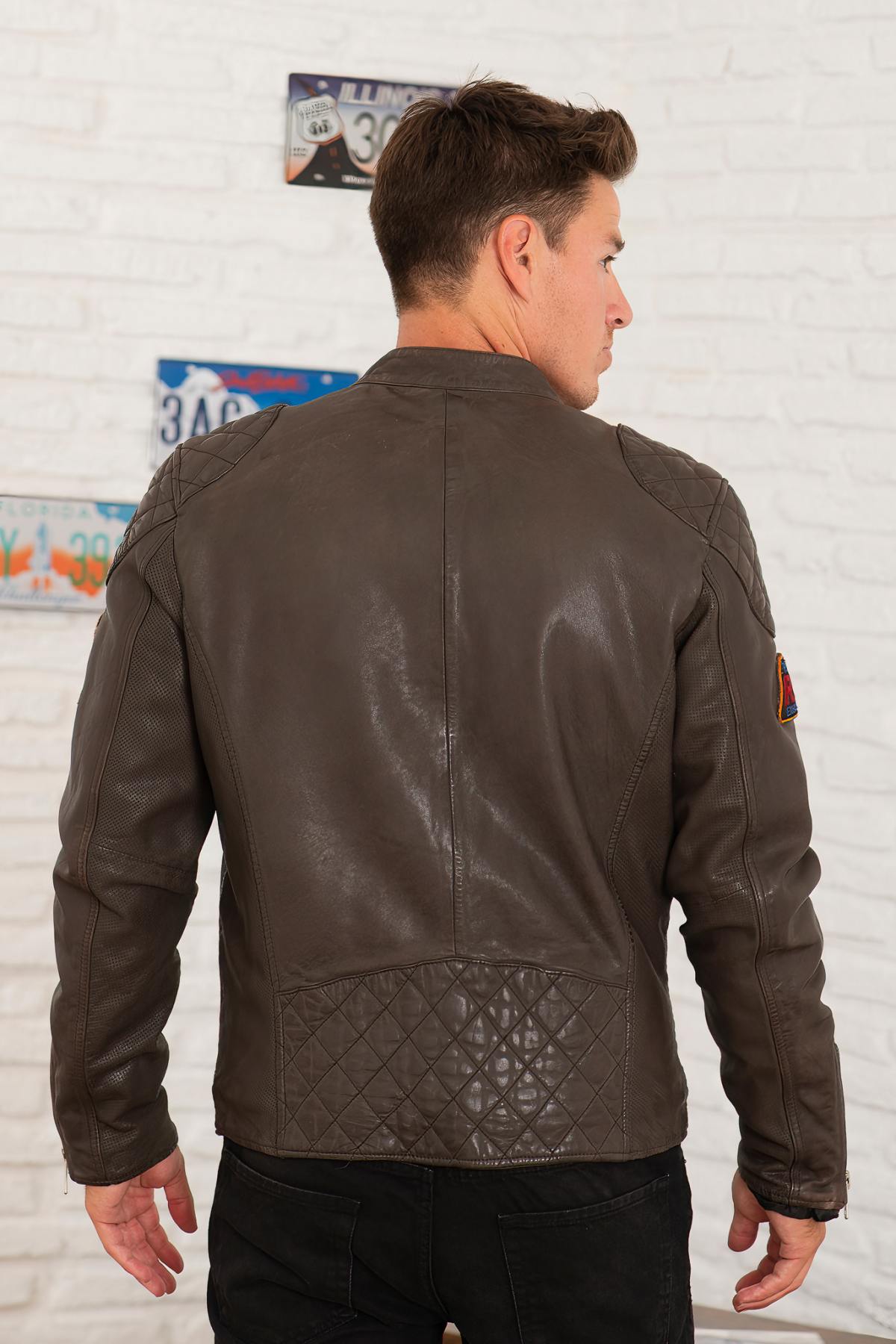 Chocolate brown racing leather jacket with patches - Image n°5