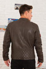 Chocolate brown racing leather jacket with patches - Image n°5