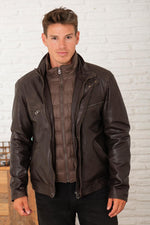Men's brown stand-up collar leather jacket - Image n°1