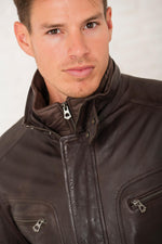 Men's brown stand-up collar leather jacket - Image n°8