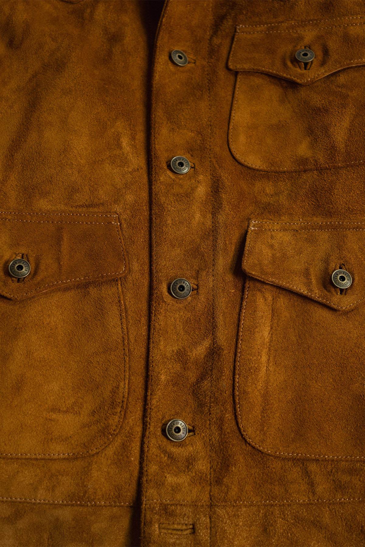 Cognac-colored buffalo suede leather jacket with shirt collar - Image n°3