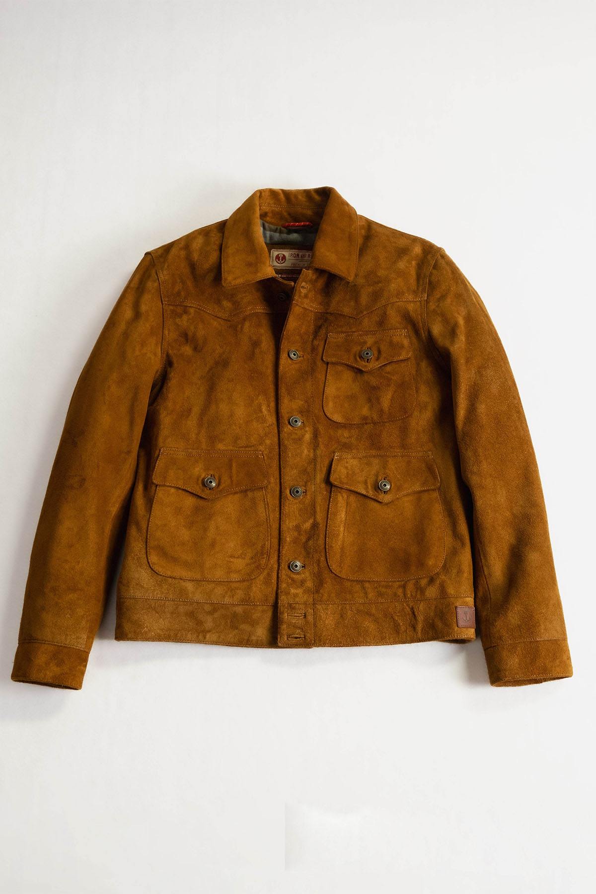 Cognac-colored buffalo suede leather jacket with shirt collar - Image n°1