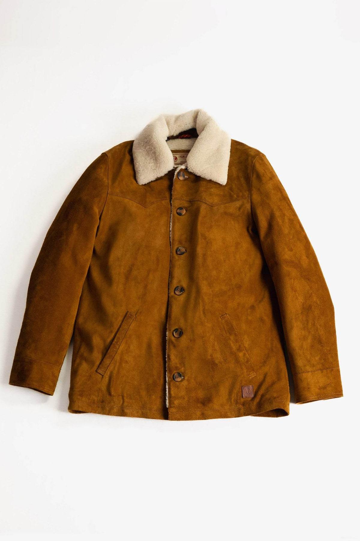 Cognac suede leather jacket with sherpa lining - Image n°1