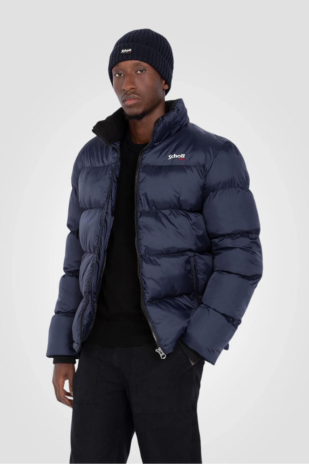 Navy blue nylon quilted down jacket - Image n°1