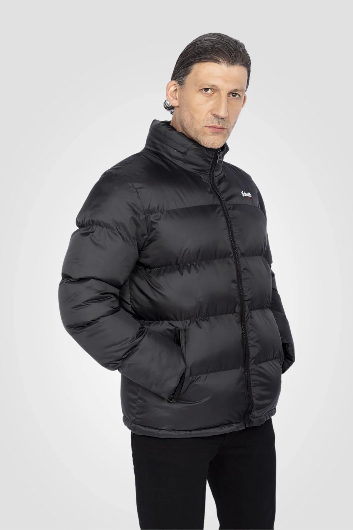 Down jacket with removable hood in anthracite nylon - Image n°1