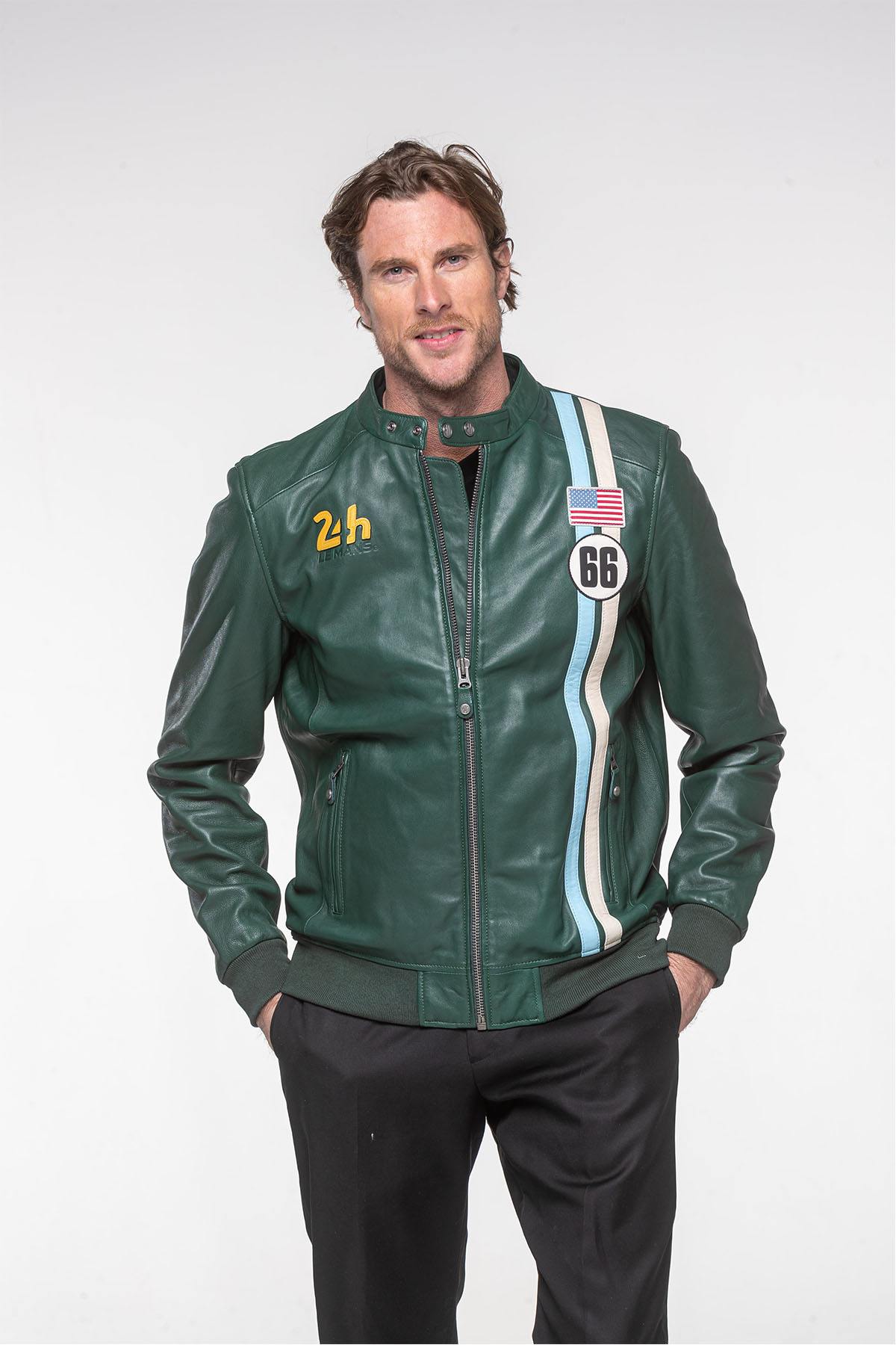 Green leather jacket with racing stripes - Image n°1