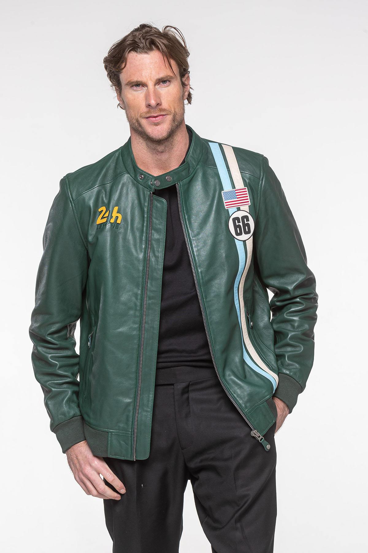 Green leather jacket with racing stripes - Image n°4