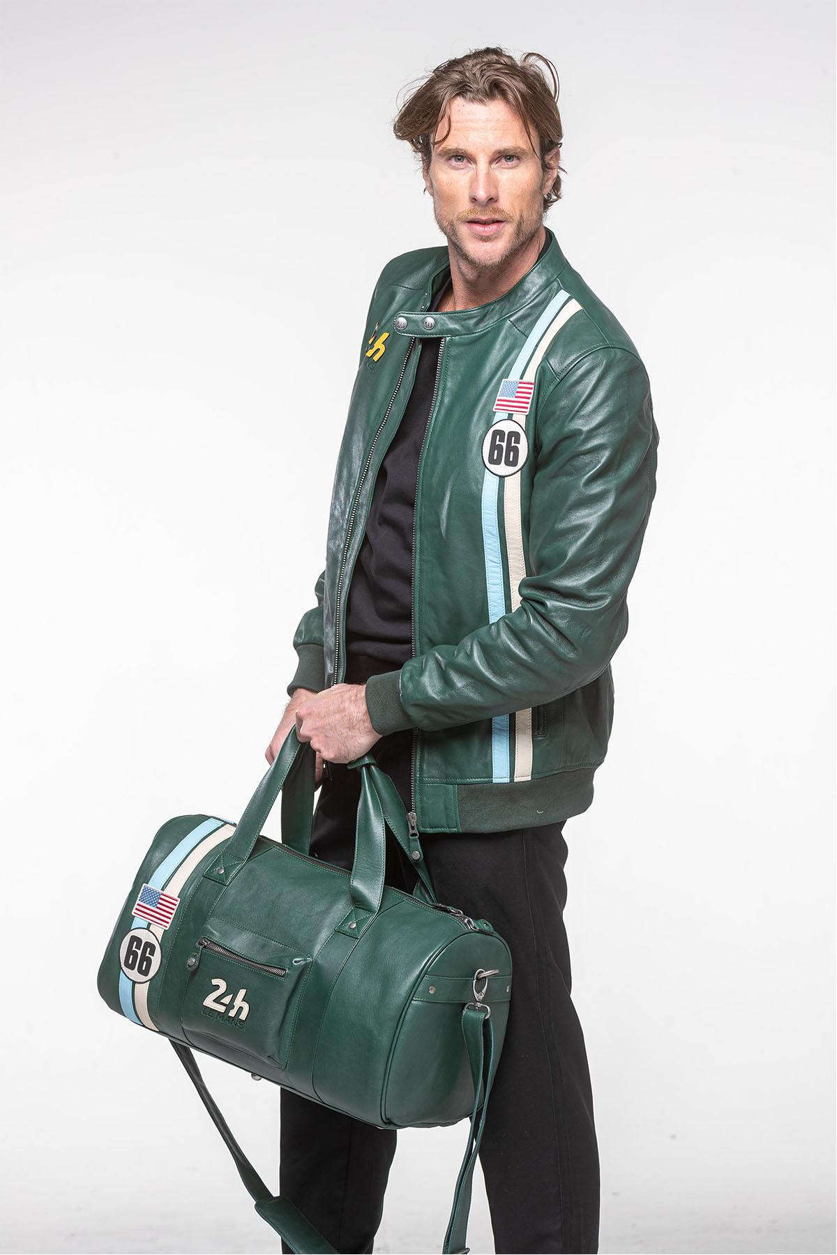 Green leather jacket with racing stripes - Image n°5