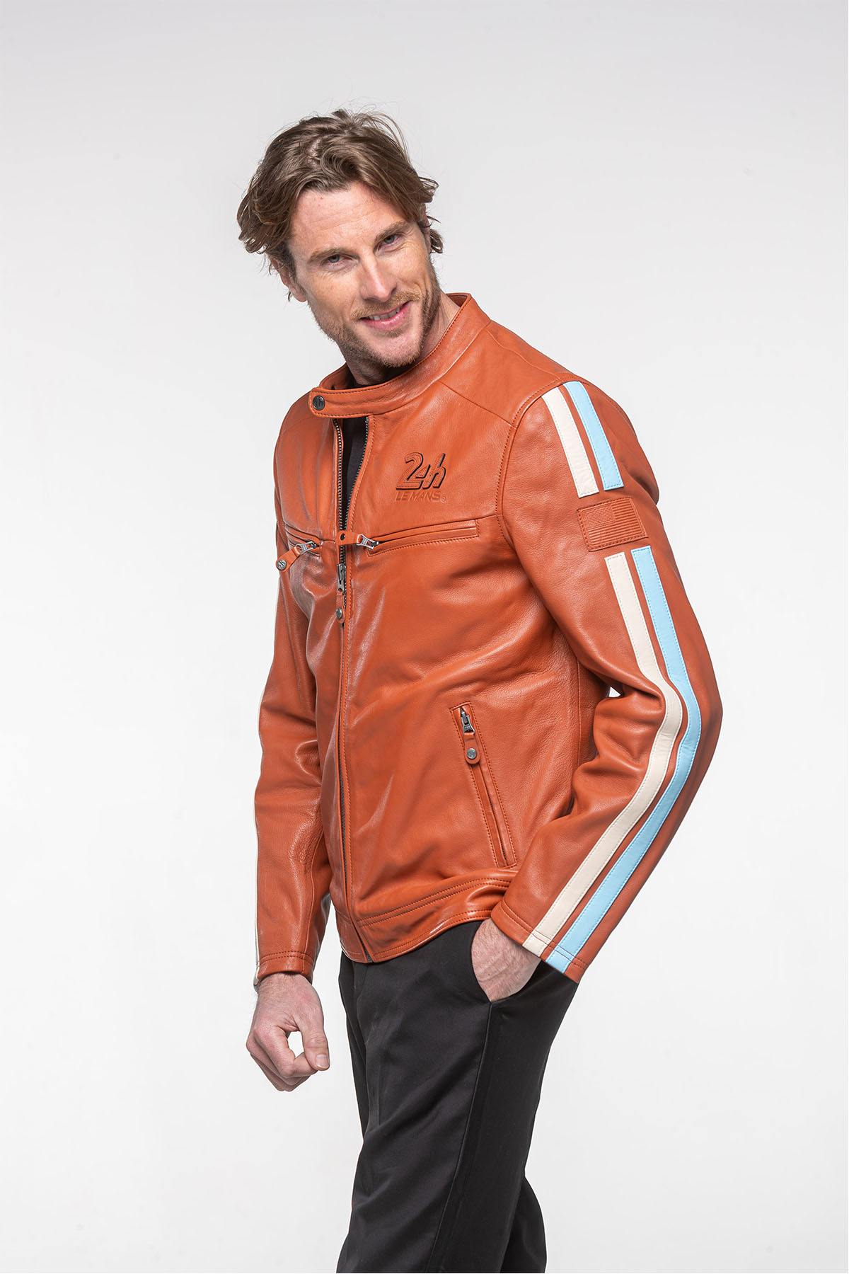 Rust orange leather jacket 24h le mans - Image n°1