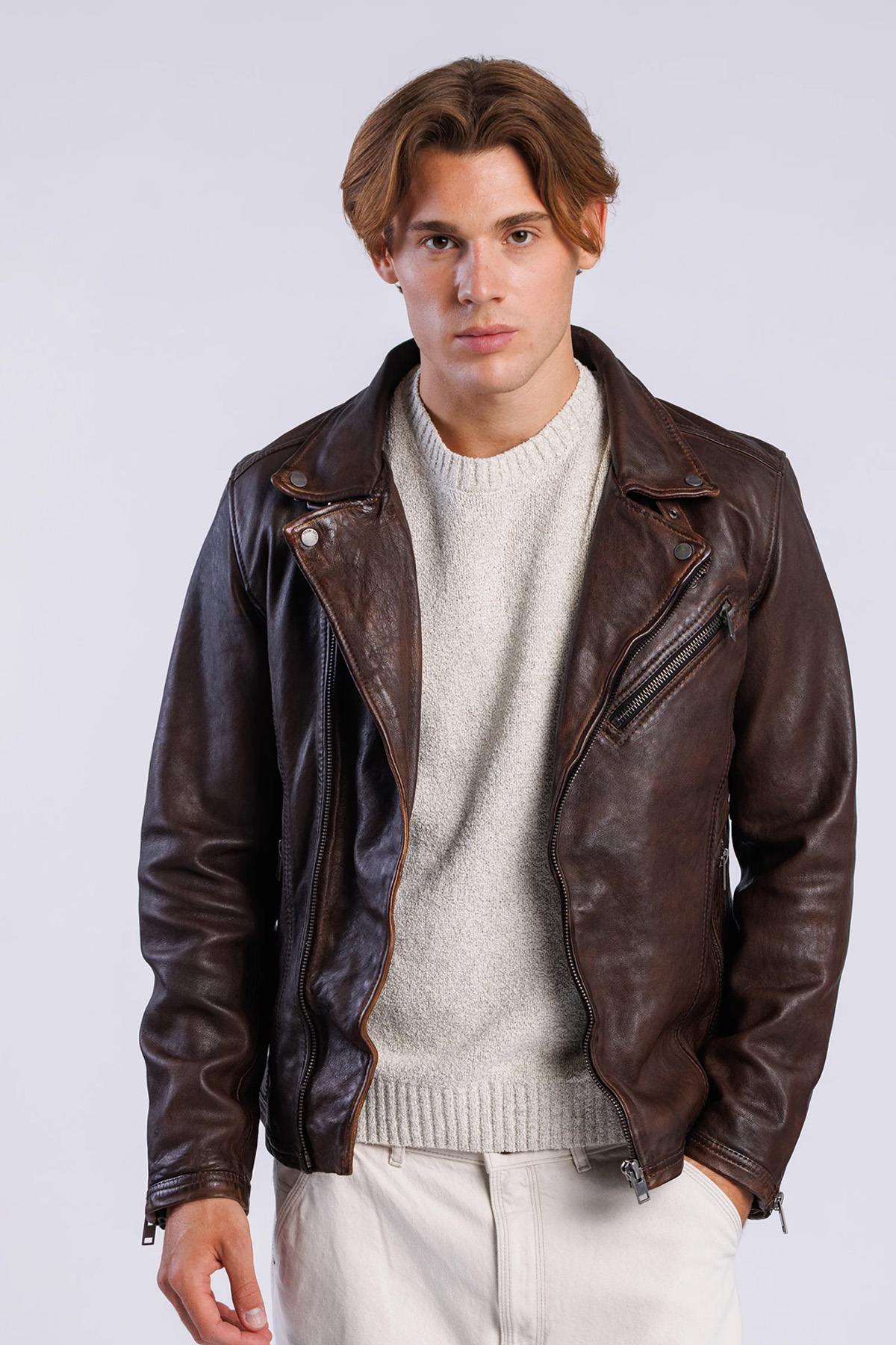 Asymmetrical brown leather biker jacket - Image n°1