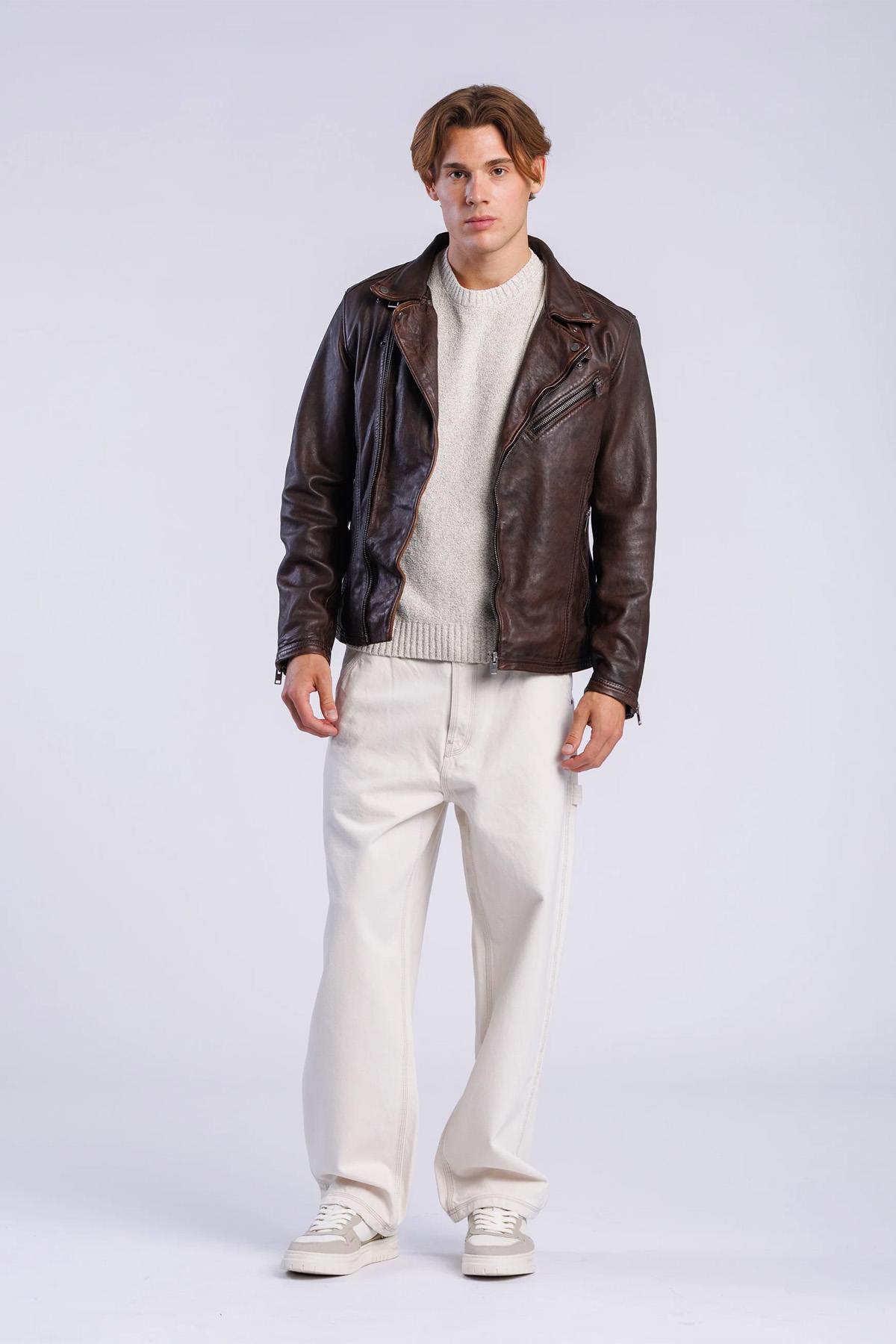 Asymmetrical brown leather biker jacket - Image n°3