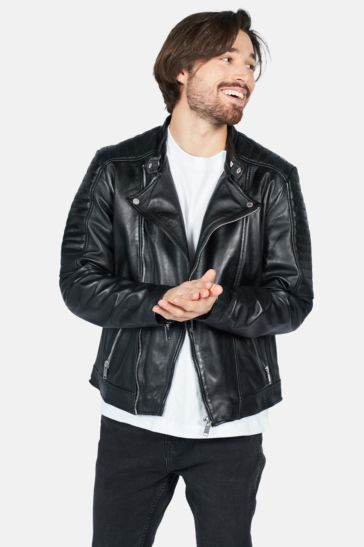 Black quilted leather biker jacket - Image n°1