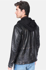 Distressed black leather jacket with cotton hood - Image n°4