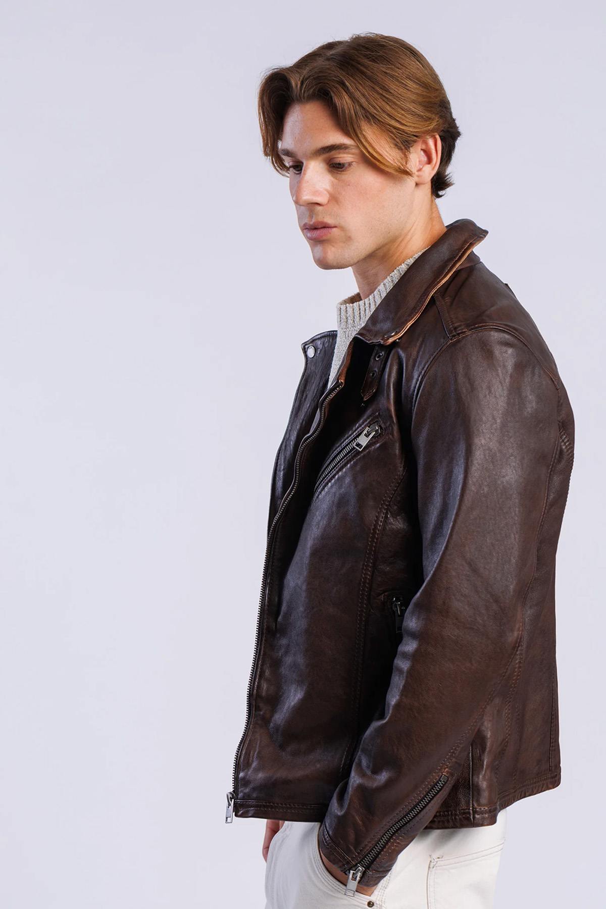 Asymmetrical brown leather biker jacket - Image n°4