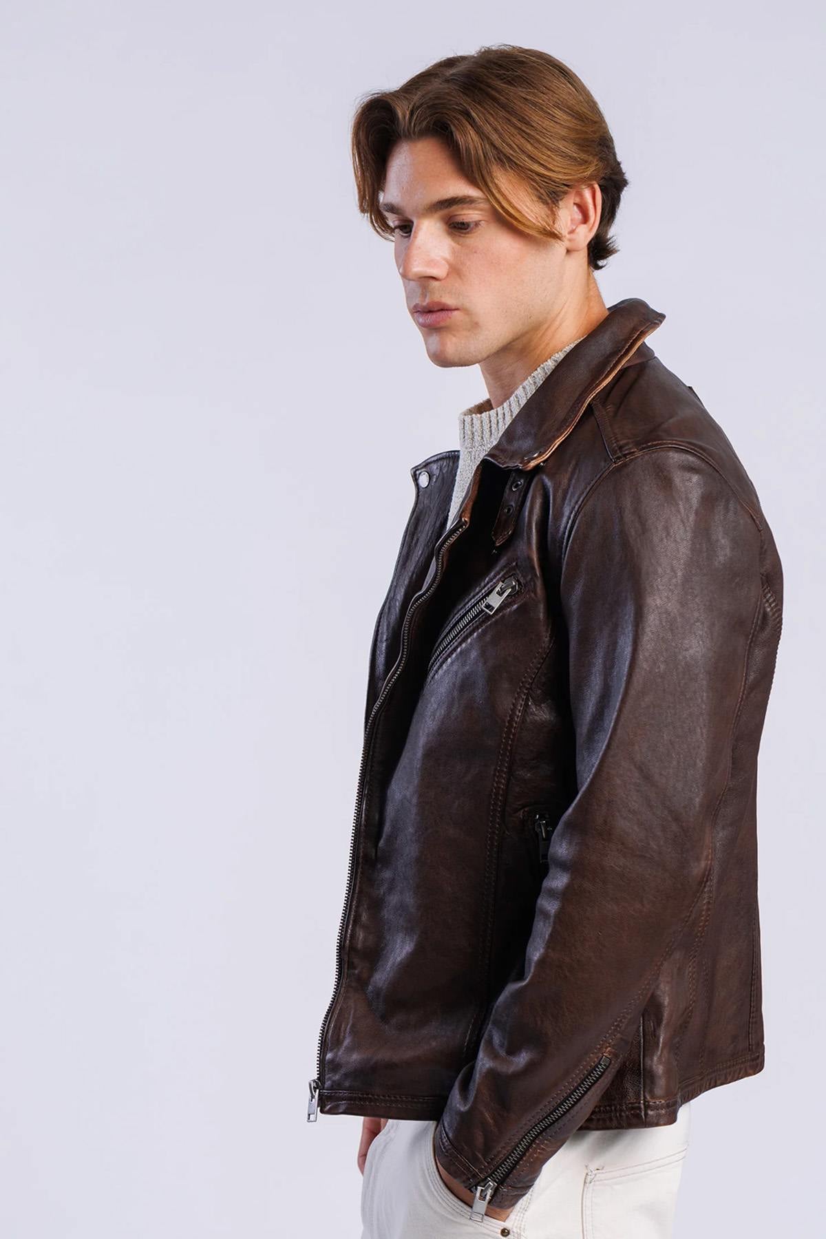 Asymmetrical brown leather biker jacket - Image n°5
