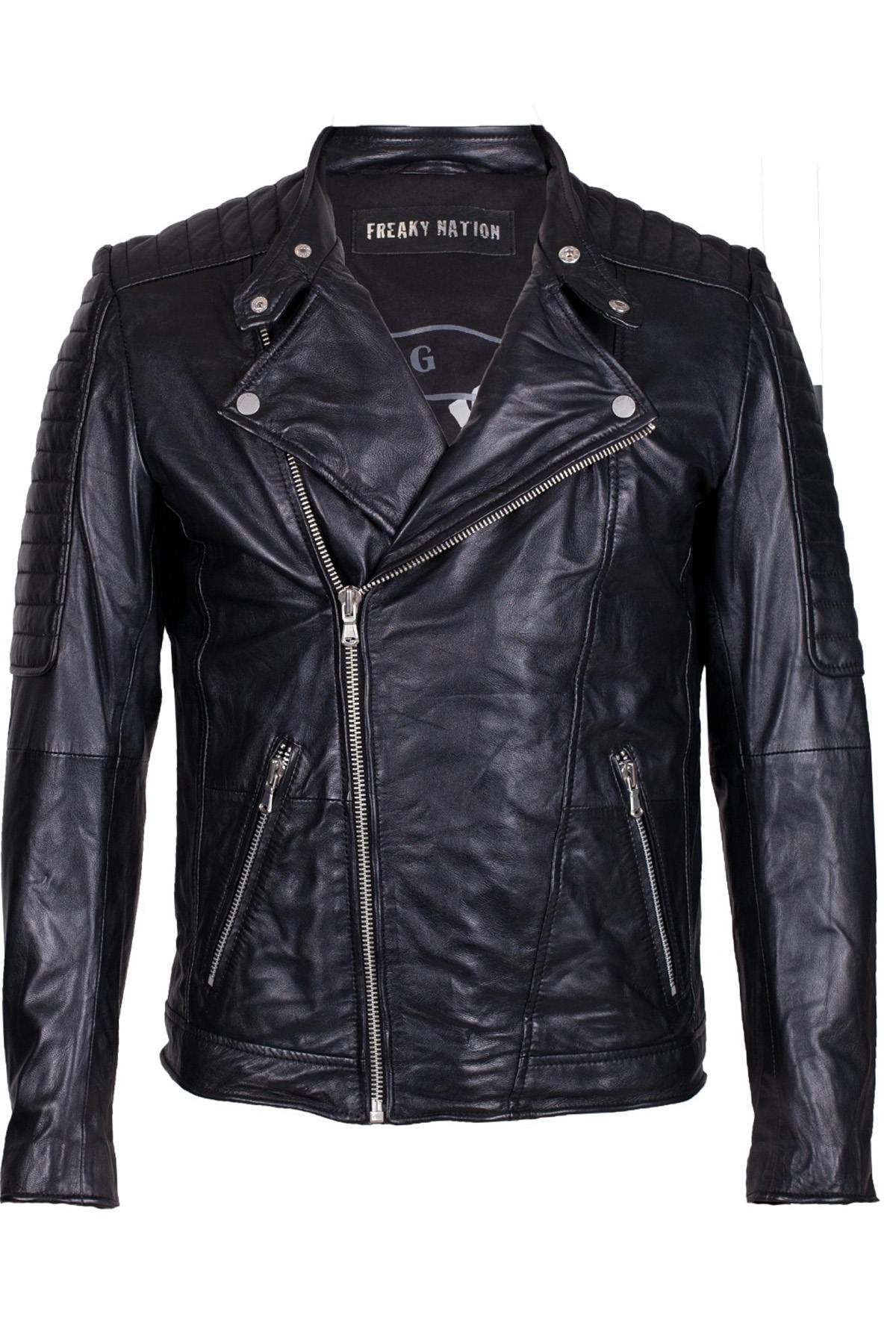 Black lambskin biker jacket by Freaky Nation. Asymmetric zip for edge. - Image n°8