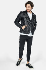 Black lambskin biker jacket by Freaky Nation. Asymmetric zip for edge. - Image n°10