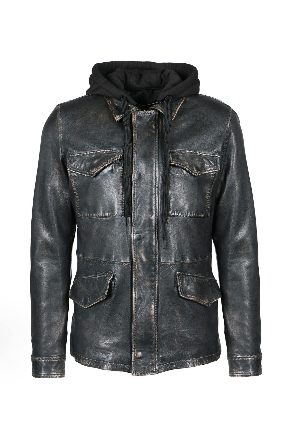 Distressed black leather jacket with cotton hood - Image n°4