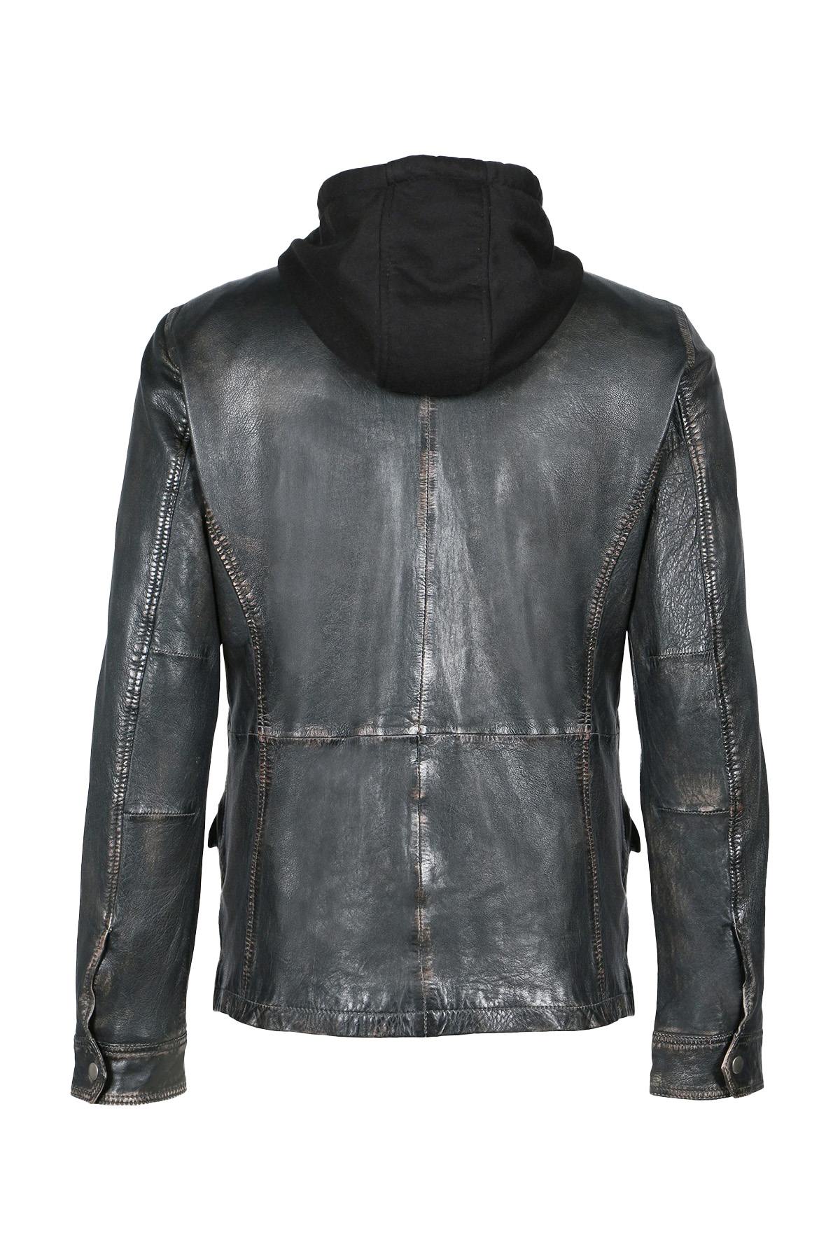 Distressed black leather jacket with cotton hood - Image n°5
